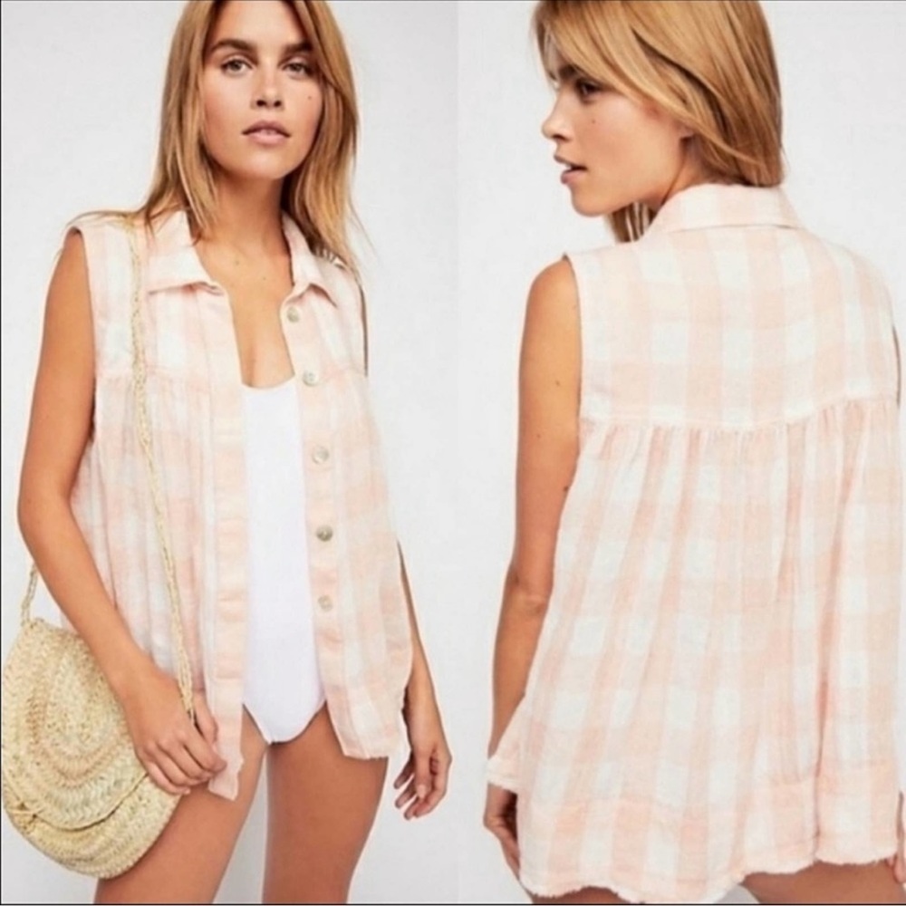 Free People Hey There Sunrise‎ Pink White Check Button Down Tank S